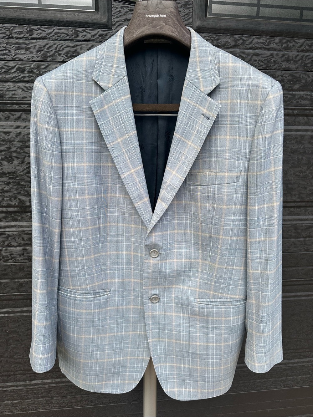 Ermenegildo Zegna Light Blue Plaid Sport Coat with Cream Windowpane